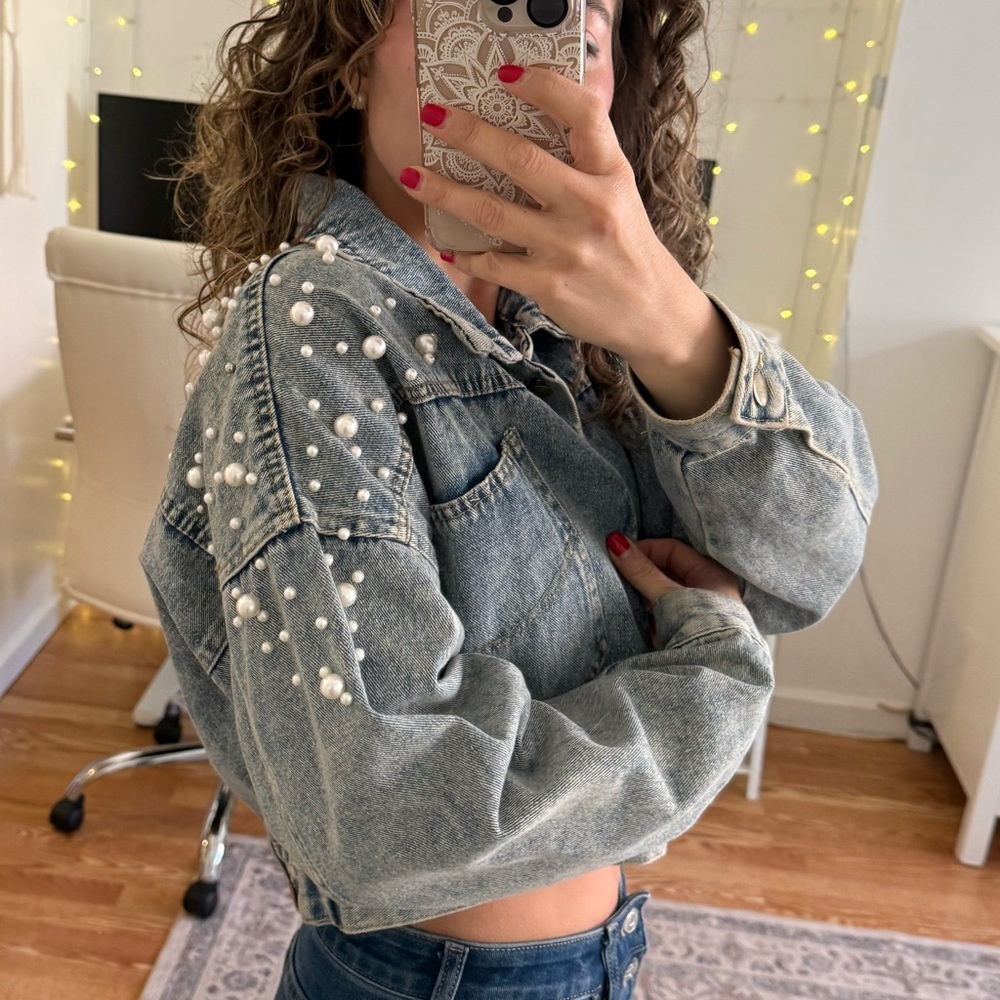 Denim Pearl-Studded Women's Jacket